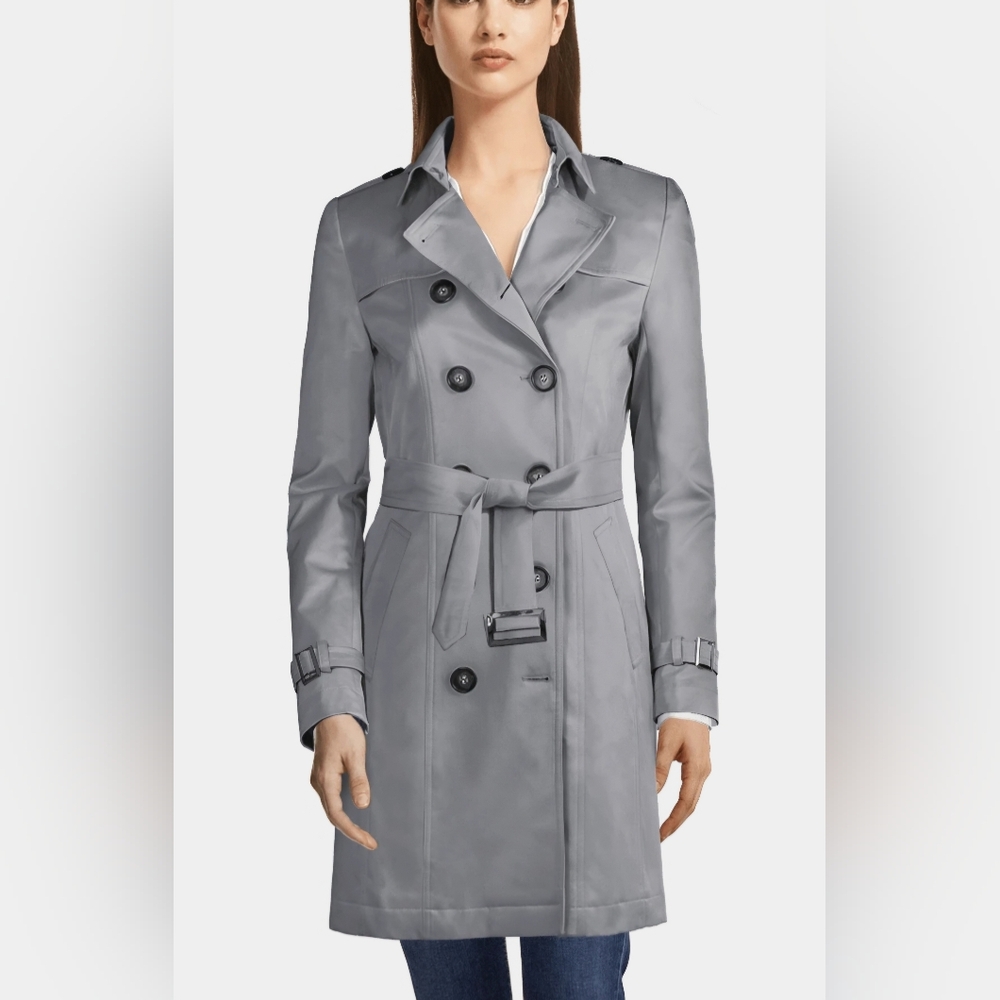 Chic Silver Women's Double-Breasted Trench Coat